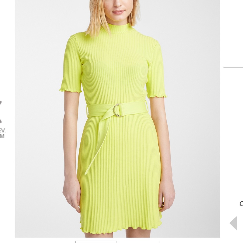 Retro neon lime green buckle belt ribbed dress NWT
